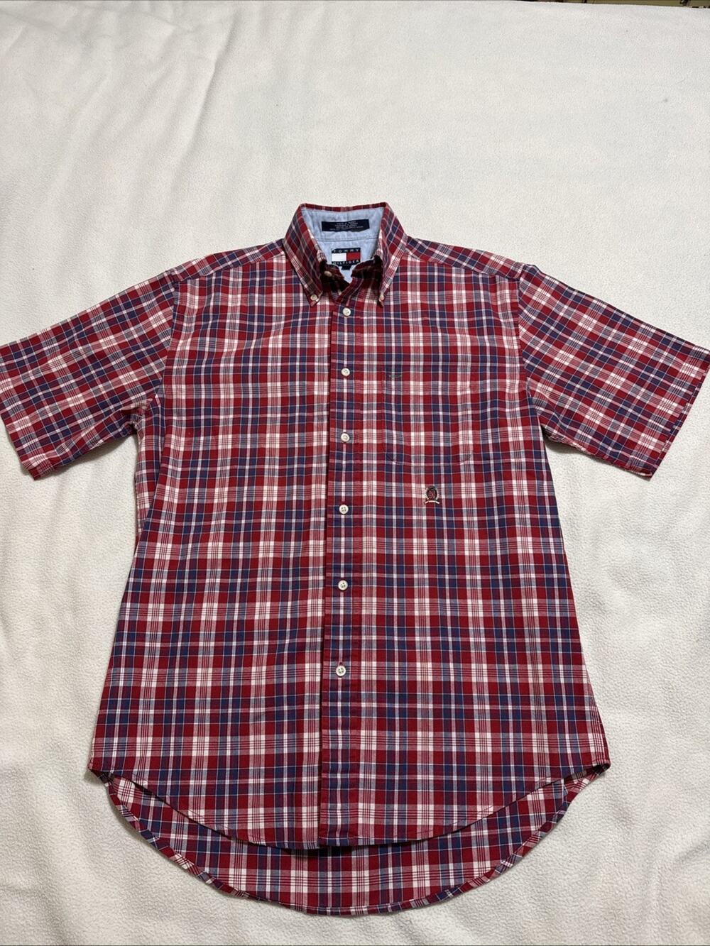 Vintage 90s Y2K Tommy Hilfiger Crest Plaid Collared Buttond Down Shirt Small